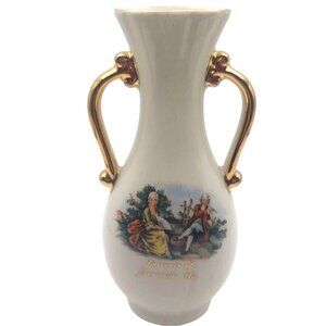 Vintage Porcelain Gilded Regency Vase Handles Souvenir Janesville Wisconsin MCM